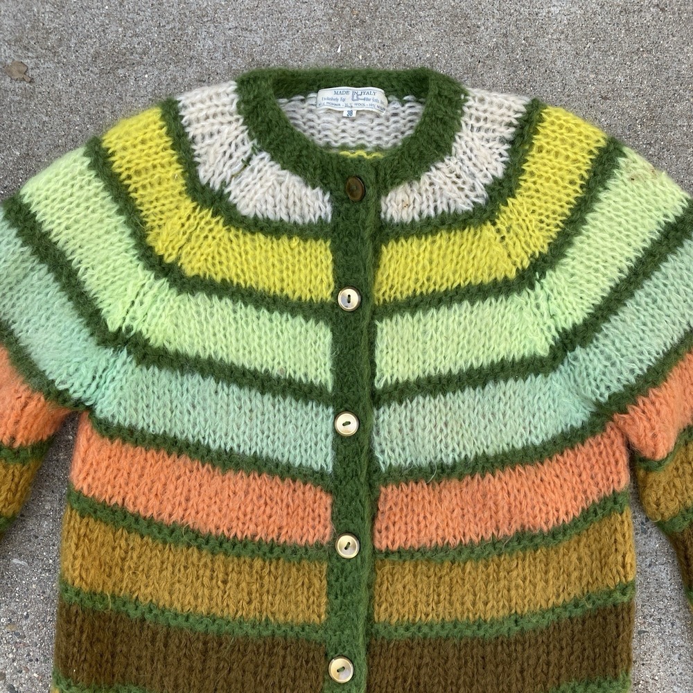 Vintage 50s 60s Mohair Cardigan Women Made in Italy Size 38 M/L Pastel Striped - Picture 2 of 9